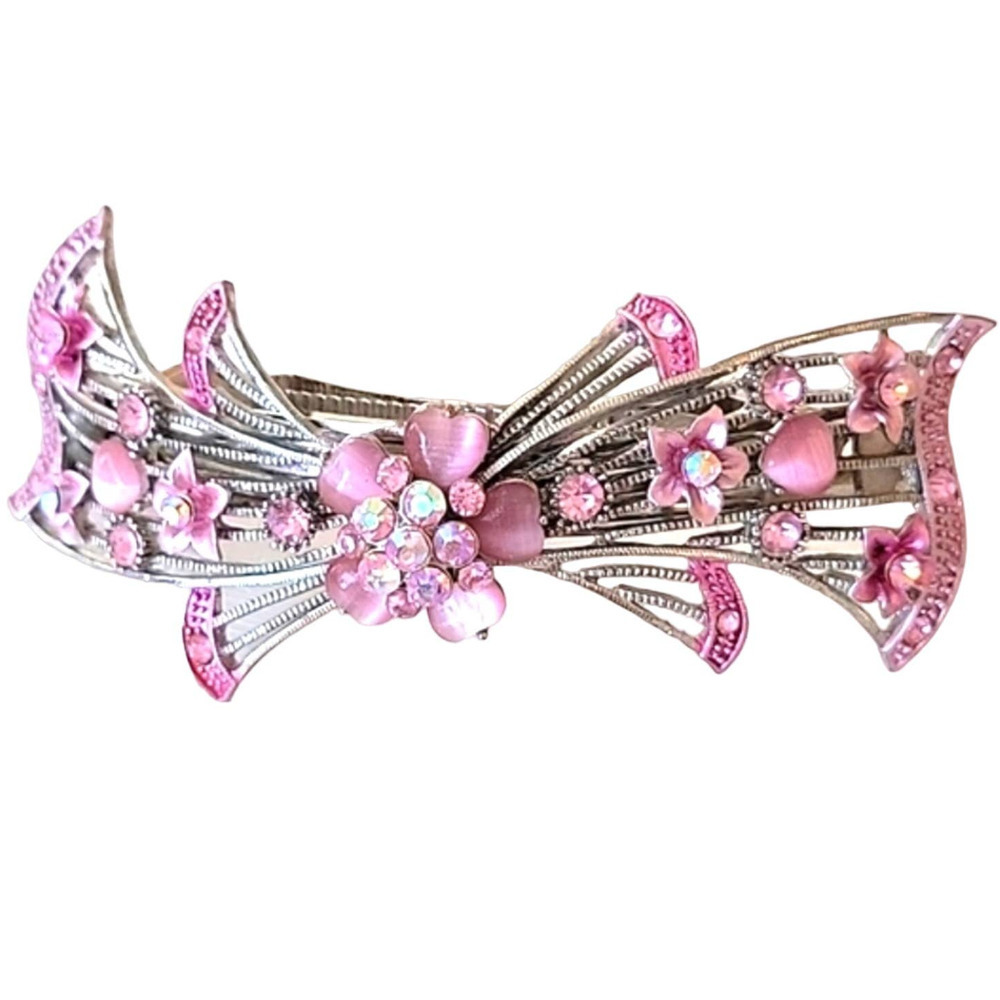 Rhinestone Hair Clip Piece Pink and Silver Floral Barbiecore Wedding Homecoming